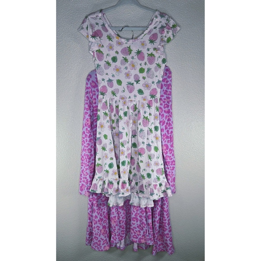 Posh Peanut 5T 6T Bundle Pink Strawberry Dress + Leopard Twirl Dress